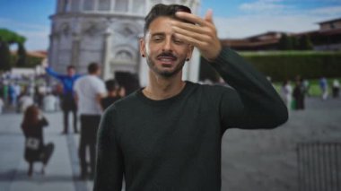 İspanyol asıllı genç adam, dışarıdaki pisa binasının tarihi eğimli kulesinin önünde poz veriyor..