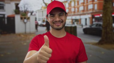 Kırmızı şapkalı ve tişörtlü İspanyol genç adam hareketli şehir caddesinde başparmak hareketi gösteriyor. Güvenilirlik güvenilirlik hizmeti memnuniyeti.