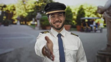 Sakallı ve yüzbaşı üniformalı genç adam gülümsüyor ve açık hava parkında arka planda bulanık ağaçlarla el ele tutuşuyor.