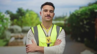 Yansıtıcı yelek giyen ve kollarını kavuşturmuş genç bir adam şehrin dışında gönüllü olarak duruyor. Toplum hizmeti ve takım çalışması ruhu..