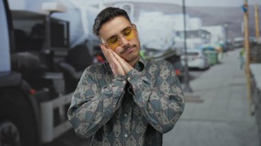 Şehir caddesinde uyku jesti yapan genç İspanyol adam güneşli şehir ortamında güneş gözlüğü ve desenli gömlek giyiyor. Park edilmiş arabaları ve endüstriyel geçmişi var..