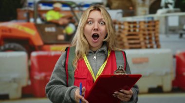 Sarışın ve dosyasına sahip genç gönüllü bir kadın inşaat alanına şaşırmış, açık hava ekipmanları arasında şok edici bir ifade sergiliyor..