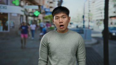 Şaşkın bakışlı genç adam hareketli bir şehir caddesinde gün boyunca duruyor, şehir yaşamını ve hareketli çevreyi yansıtıyor..