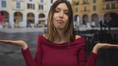 Kırmızı bluz giyen genç İspanyol kadın, kalabalık caddede bulanık kafe masalarının yanında el kol hareketi yapıyor..