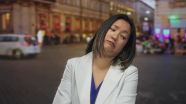 Şehir caddesinde beyaz ceketli bir kadın hayal kırıklığı yaşıyor. Arka planda bulanık bir koşuşturma ve koşuşturma ile şehir ortamında genç bir kadını ağırlıyor..