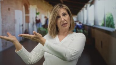 Beyaz bluzlu kadın, bulanık bir bina koridoru sahnesinde avuçlarını kaldırıp başını eğiyor..