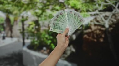 Parkta birkaç Singapur Doları banknotları tutan adam, bulanık bir arka planda zenginlik ve finans sergiliyor..