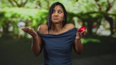 Parkta elinde kafası karışık bir ifadeyle kırmızı bir yüzük kutusu olan bir kadın. Çevresi yemyeşil, açık havada teklif senaryosu ve duygusal tepkiyi sembolize ediyor..