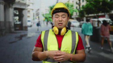 Kentsel sokak ortamında çelik yelek ve kask giyen bir adam, bulanık yayalar geçerken kendinden emin bir ifade sergiliyor, şehir hayatını ve şehir gelişimini çağrıştırıyor..