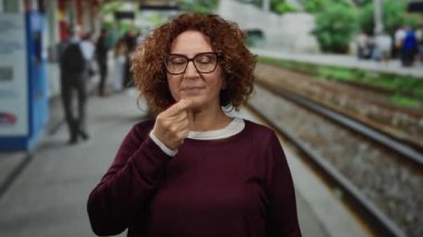 Kıvırcık saçlı bir kadın, hareketli bir tren istasyonunda, neşeli bir öpücük yolluyor, canlı şehir ortamının ortasında, bulanık geçmişiyle ve insanların....