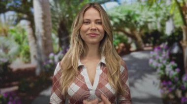 Uzun sarı saçlı, ayakta duran ve dişlerini gösteren yeşil bir parkta gözleri kapalı gülümseyen, dinginlik huzuru mutluluğu olan bir kadın..