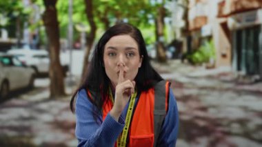 Çelik yelek giyen bir kadın, arka planda ağaçlar ve arabalarla sokak ortamında sessizlik içinde, dışarıda ciddi ve odaklanmış bir ifadeyle gönüllü rolü oynuyor..