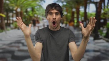 Gri tişörtlü adam yaz günü güneşli palmiye ağaçları arasında yeşil park geçidinde elini kaldırır; tepki anı insan sürprizi.