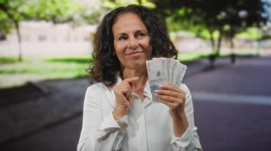 Orta yaşlı kadın bir parkta Kolombiya pezosu tutuyor, banknotlarla mutluluğunu ifade ediyor, yeşil bahçe titreşimleri ve gün ışığıyla dolu parlak bir sahne sergiliyor..