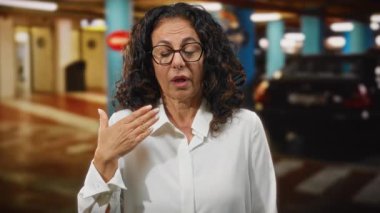 Park yerinde beyaz bluz ve gözlük takan, kıvırcık saçlı, son sınıf yüzlü, zarif, renkli bir ortamda yetişen Latin bir kadın.