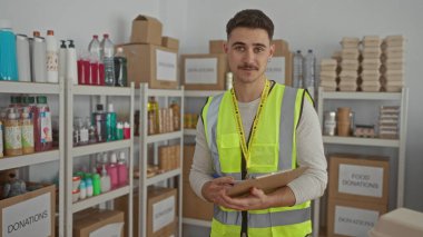 Yansıtıcı yelek giyen genç bir adam, bir hayır kurumunda bağış organize ediyor, erzak raflarının arasında gönüllü olarak oynadığı rolü vurguluyor..