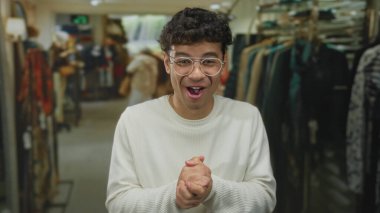 Gözlüklü genç İspanyol adam perakende satış reyonunda gülüyor sıcak ışıklar altında; neşe.