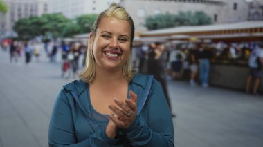 Bulanık şehir tezgahları ile meşgul sokak pazarında el çırpan genç sarışın kadın; sevinç kutlamaları.