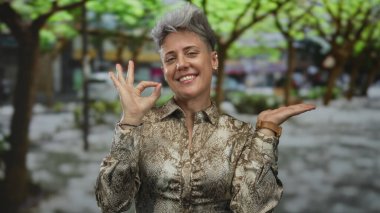 Beyaz kadın desenli tişört giyiyor gülümsüyor tamam işareti şehir caddesinde elini kaldırmış; onay.