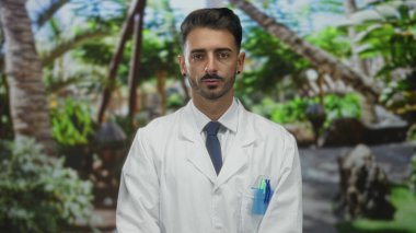 Beyaz labaratuvar önlüğü giyen genç İspanyol bilim adamı gür ormanda kameraya bakıyor..