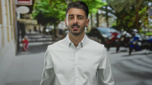 Молодой латиноамериканец с подстриженной бородой, лежащий подбородок на руке в белой рубашке с пуговицами улице; созерцание.