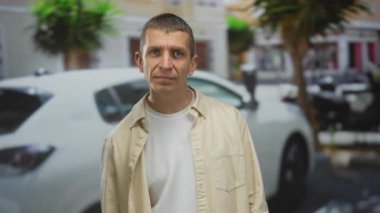 Adam ilginç bir şekilde arka planda bir araba olan hareketli bir sokakta çevreyi gözlemliyor, açık havada sıradan bir gün sergiliyor, kentsel hayatı ve sokak kültürünü yakalıyor..