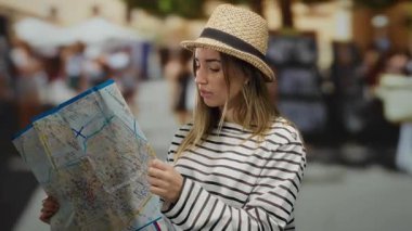 Genç kadın turist haritayı işlek caddede tutuyor çizgili gömlek ve açık havada hasır şapka giyerek yol tarifi arıyor.