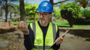Güvenlik yeleği ve kask takan adam pano tutuyor, parkta duruyor, düşünceli bir ifadeyle mühendislik denetimi ve güvenlik yönetimini öneriyor..