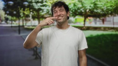 Yeşil bir parkta gülümseyen İspanyol bir adam gün ışığında ağaçların altında burnuna parmağıyla dokunuyor..