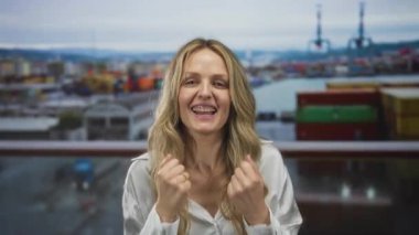 Limanda yumruklarını sıkmış bir kadın gülümserken genç bir sarışın açık deniz kenarında bir teknede başarıyı kutluyor..