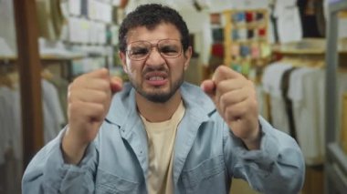 Perakende binasında elbise rafları arasında elleri ile tapınak basan gözlük takan İspanyol genç adam hayal kırıklığı.