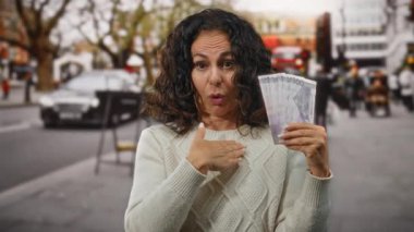 Şehir caddesinde elinde Filipinli peso banknotlar tutan bir kadın hareketli şehir hayatı ve modern mimarinin hareketli ortamında sürprizler sergiliyor..