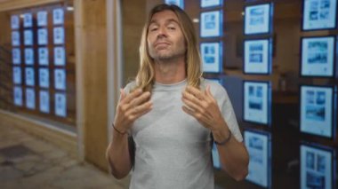 Uzun saçlı sarışın adam emlak binasının önündeki tasmasını ayarlamak için iki elini de kullanıyor..