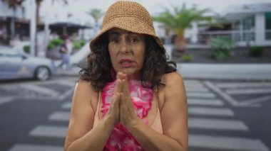 Bikinili orta yaşlı kadın ve çıplak kollu hasır şapkalı kadın yaya geçidinde kendine sarılıyor..