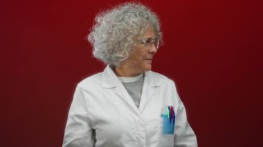 Beyaz önlüklü, kırmızı duvara yaslanmış kıvırcık saçlı kadın yan bakıyor, profesyonellik ve ilgi gösteriyor..