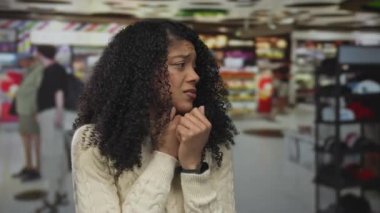 Kablolu örgü kazaklı ve eli çenesinde, kaşları çatık ve gergin bir kadın havaalanında endişeli;.