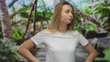 Yeşillik bir parkta duran, hayal kırıklığını ve kararlılığını ifade eden, kolları kalçasında, beyaz bir gömlek giyen, canlı yeşillikler ve doğal açık hava ortamının ortasında duran bir kadın..