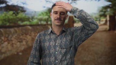 Genç, İspanyol, desenli gömlekli bir adam arka planda yemyeşil ağaçlarla dolu sakin bir açık hava parkı yolunda dikilirken gözlerini şakacı bir şekilde kapatıyor..