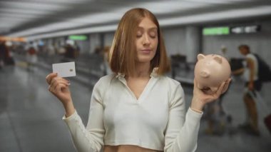 Sarı saçlı genç kadın, havaalanı terminalinde domuz kumbarası ve kredi kartı tutuyor. Kapalı alanda seyahat ederken tasarruf ve mali kararları simgeliyor..