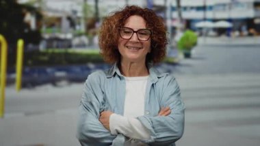 Kıvırcık saçlı İspanyol kadın kollarını kavuşturur ve hareketli bir şehir sokağında kendine güvenerek gülümser. Arka planda canlı bir hayat sergiler..