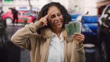 Bir şehir caddesinde elinde dolarlarla gezen kadın, olumlu ve finansal açıdan başarılı olduğunu gösteriyor..