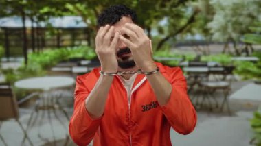 Hapishane tulumlu İspanyol adam, arka planda boş masalar olan bir lokantada kelepçeli bir şekilde perişan görünüyor..