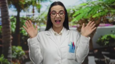 Genç İspanyol bilim kadını üniformalı neşeli bir şekilde arka planda yemyeşil bir yeşil alan olan canlı bir park ortamında heyecanını ifade ediyor..