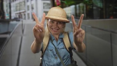Sırt çantalı genç kadın şehir merkezindeki modern binanın önünde elleri üzerinde barış işareti gösteriyor; iyimserlik.
