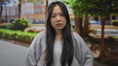 Şehir merkezinde uzun saçlı, arka planında ağaçlar olan, gri süveter giyen, sokakta ciddi görünen bir kadın.