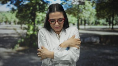 Soğuk park ortamında titreyen, gözlük takan ve laboratuvar önlüğü giyen bilim adamı kadın, ağaçlarla çevrili açık havada rahatsızlığını dile getiriyor..