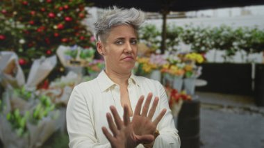 Kadın, bir sokak çiçeği pazarında, lale buketlerinin sergilendiği bir reddedilme jestinde avuç içi kaldırıyor;.