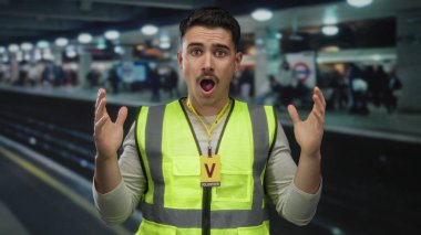 Yansıtıcı yelek giyen İspanyol bir adam, kapalı bir tren istasyonunda gönüllü olarak görev yapıyor..