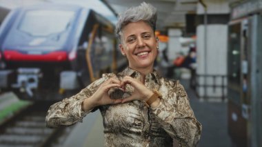 Demiryolu yapımında elleri kırmızı trenin önünde kalp hareketi yapan kadın gülümsüyor; neşe.