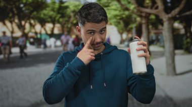 Elinde sprey kutusu olan genç bir adam şehrin dış sokaklarında grafiti hazırlıyor. Arka planda bulanık ağaçlar ve insanlar var..